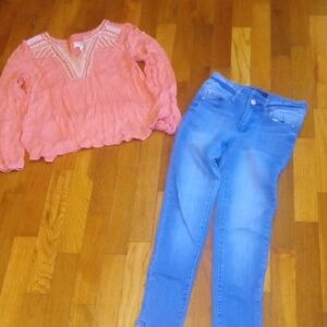 Coral long sleeve and skinny Jeans Set girl 10